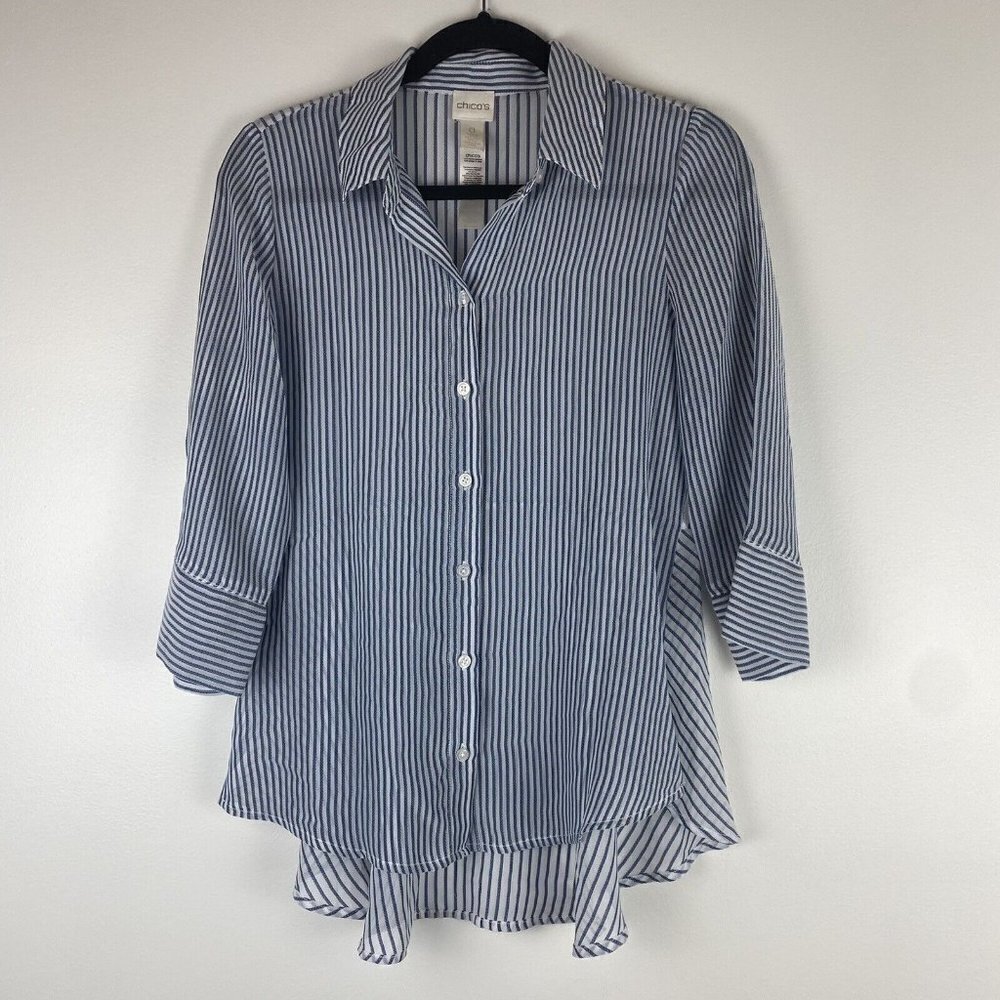 Chico's Women's Lightweight Striped Button Up Size 0/S Blue White Sheer Blouse